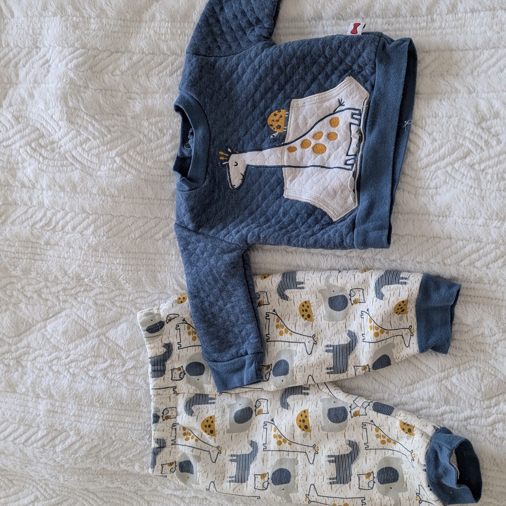 Baby Blue Giraffe Sweatshirt and Cream Pants Set